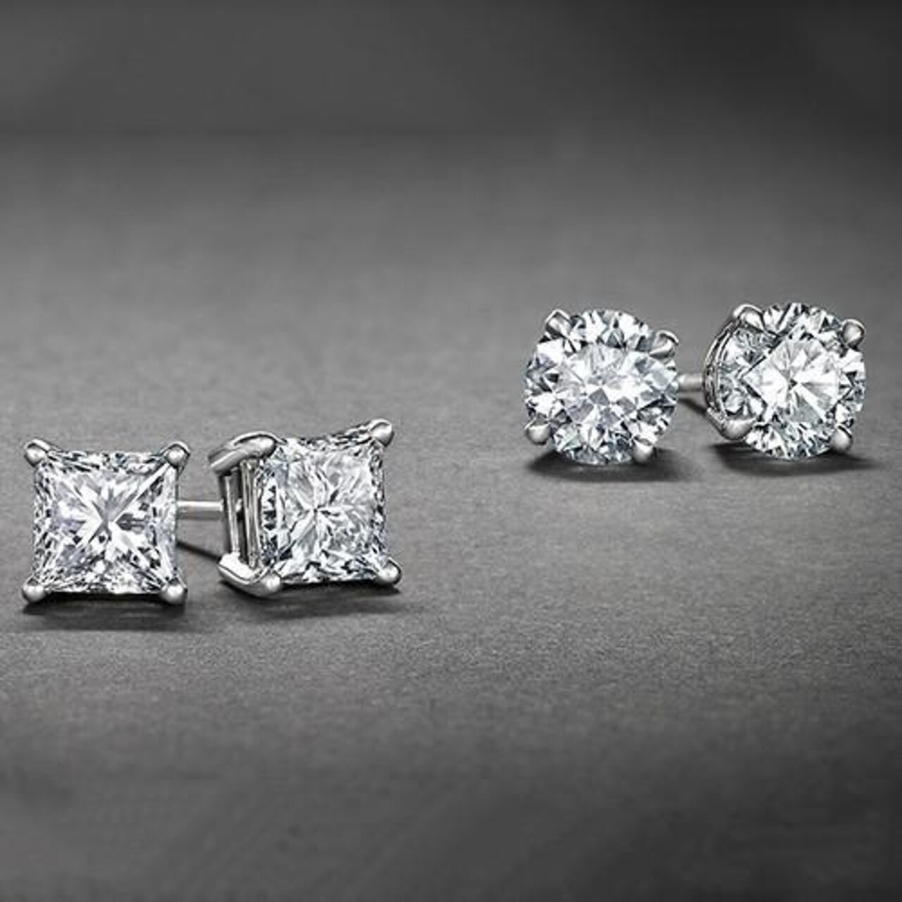 Bedazzled Bijou White Gold Plated Stud Earrings Cubic Zirconia Round And Princess Cut 2PC CZ Earrings Set